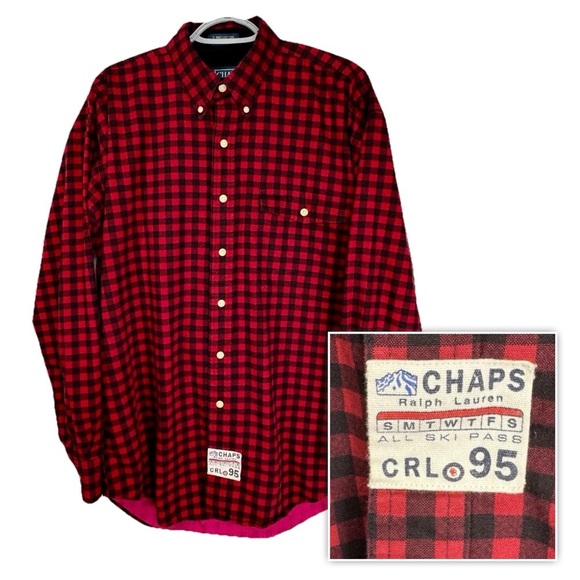 Chaps Ralph Lauren Flannel Ski Pass Shirt Mens Medium Red Black Plaid Vintage - Picture 1 of 9